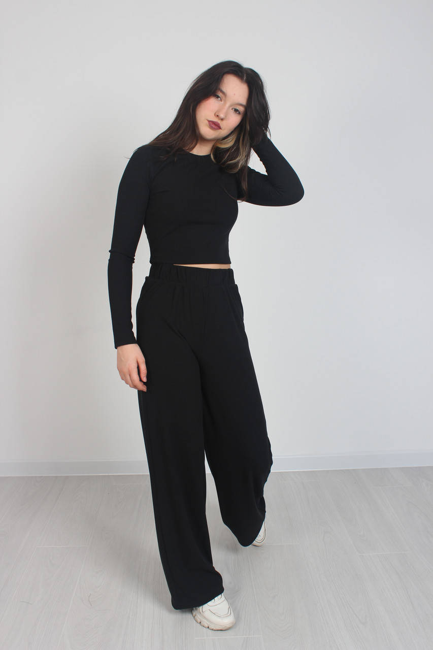 

Костюм рубчик палаццо и кроптоп для девочки (рост 140-164) трикотаж чёрный, Черный