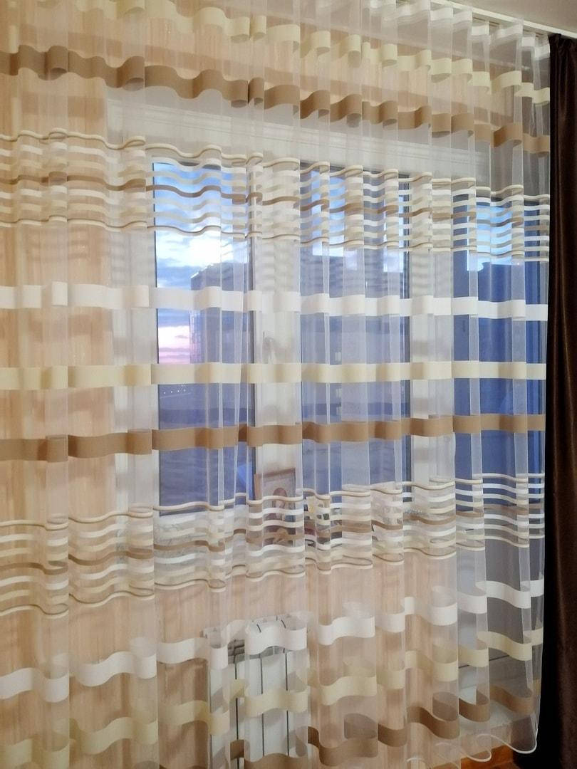 

Тюль в зал, в кухню, сетка с полосками бежевого цвета, Бежевый