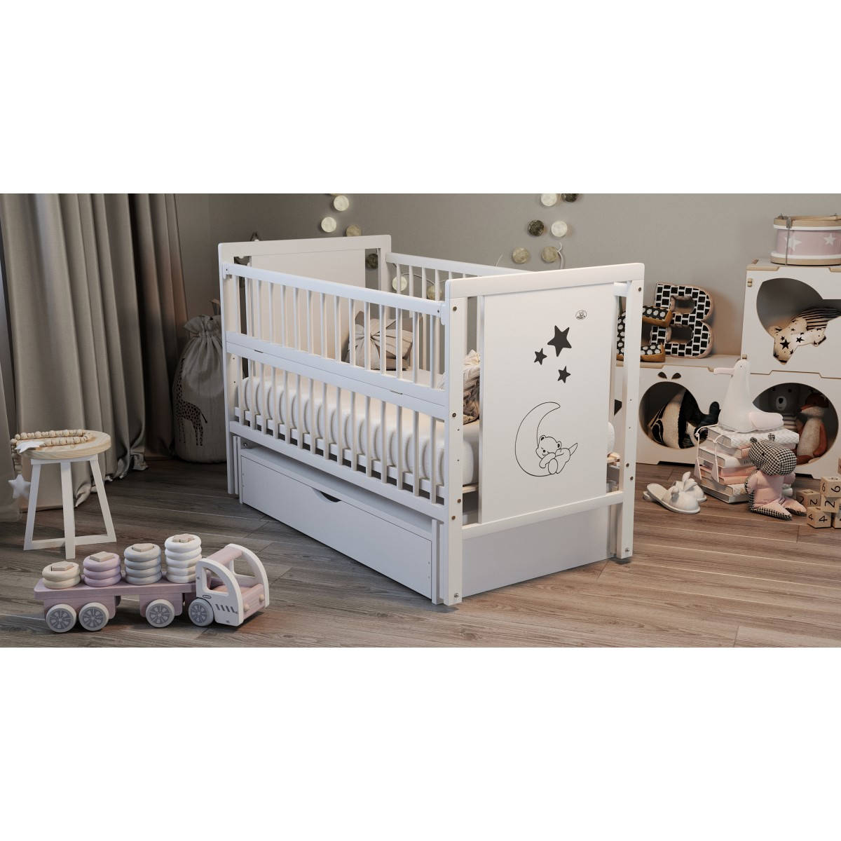 

Кроватка детская Дубок Мишка с ящиком и маятником белый