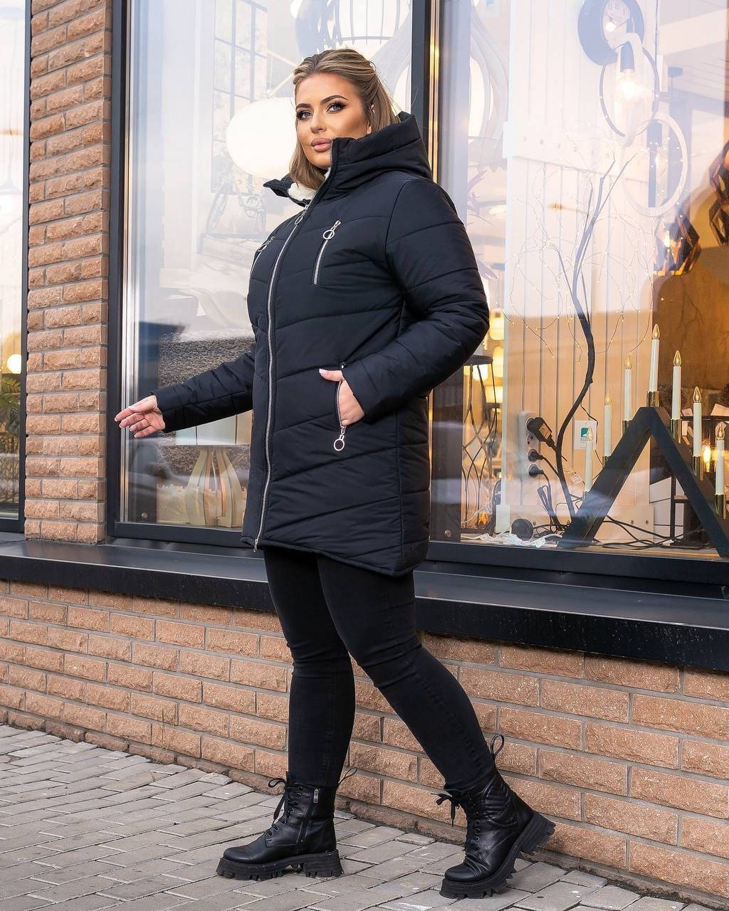 

Зимняя чёрная женская куртка на искусственной овчине, Черный