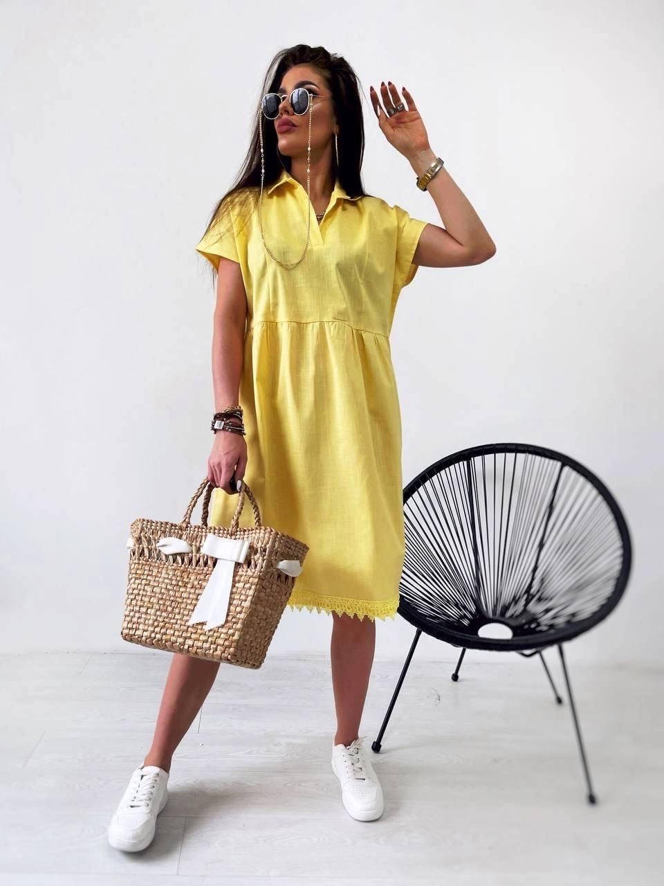 

Женское льняное платье желтого цвета SKL92-362859