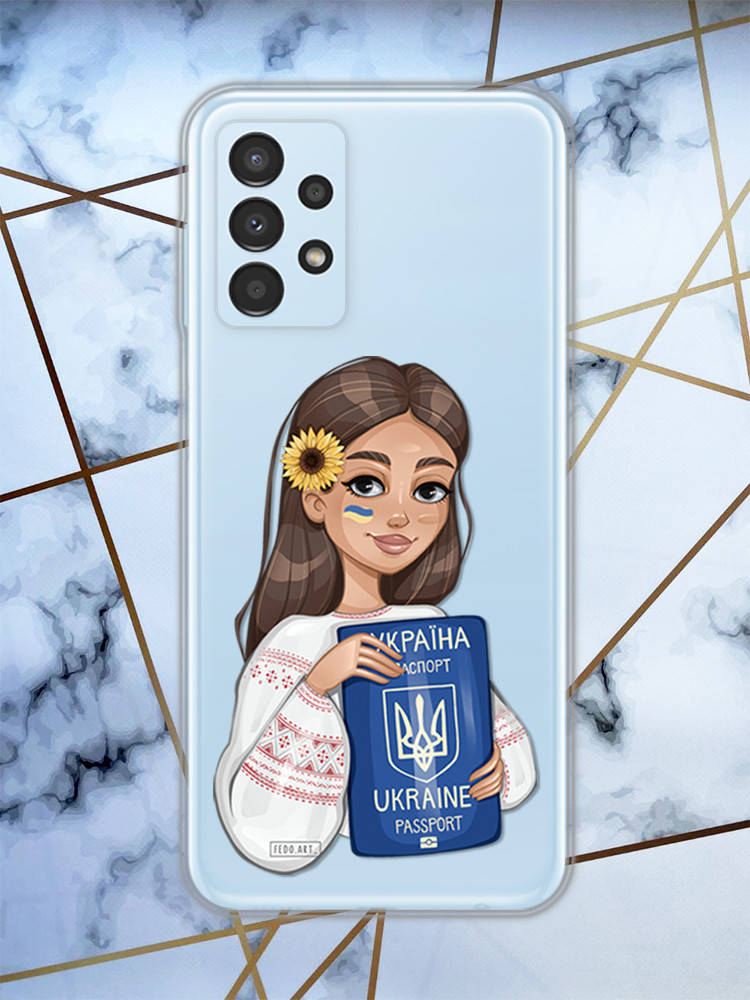 

Прозрачный чехол для Samsung Galaxy A13 4G с патриотическим дизайном "Девушка с паспортом" принт 12