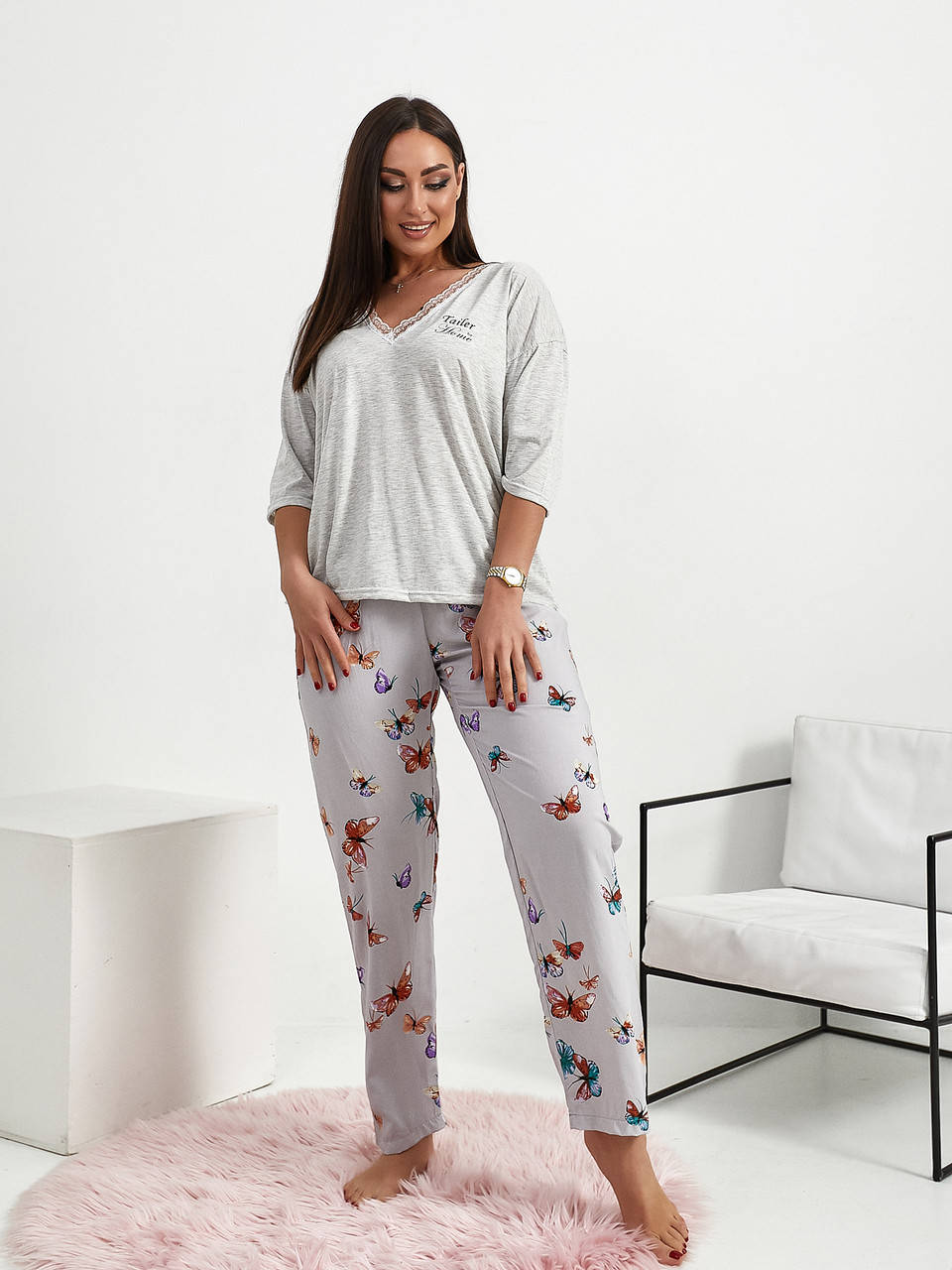 

Женский домашний костюмчик из принтованного трикотажа на хлопковой основе 54