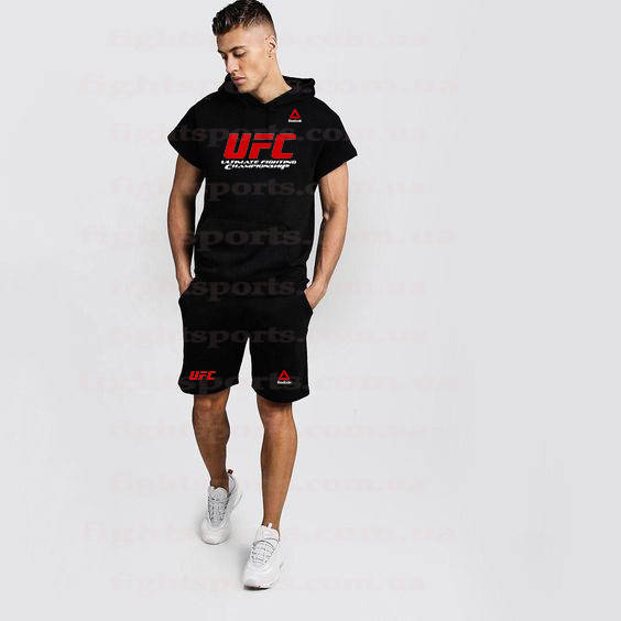 

Мужской летний спортивный костюм Рибок REEBO UFC Мужская черная футболка с капюшоном и шорты, Черный