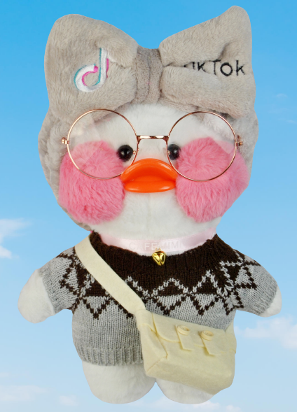 

Мягкая игрушка уточка Лалафанфан в очках Masyasha утка LaLafanfan в одежде коричневый свитер и повязка, 30 см