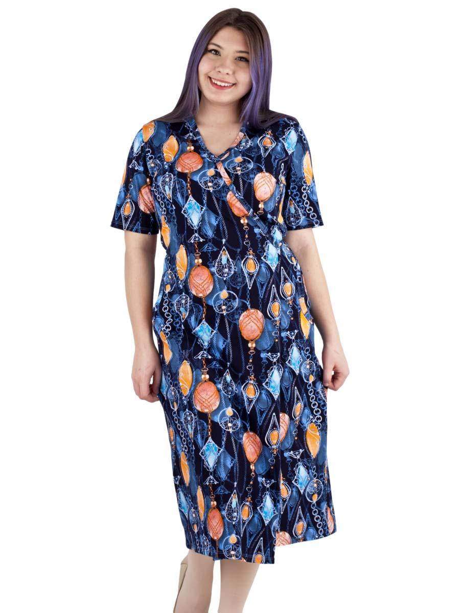 

Халат трикотажный женский короткий рукав на запах Пані Яновська ХЖ-04-02 абстракция 479 60(р), Синий