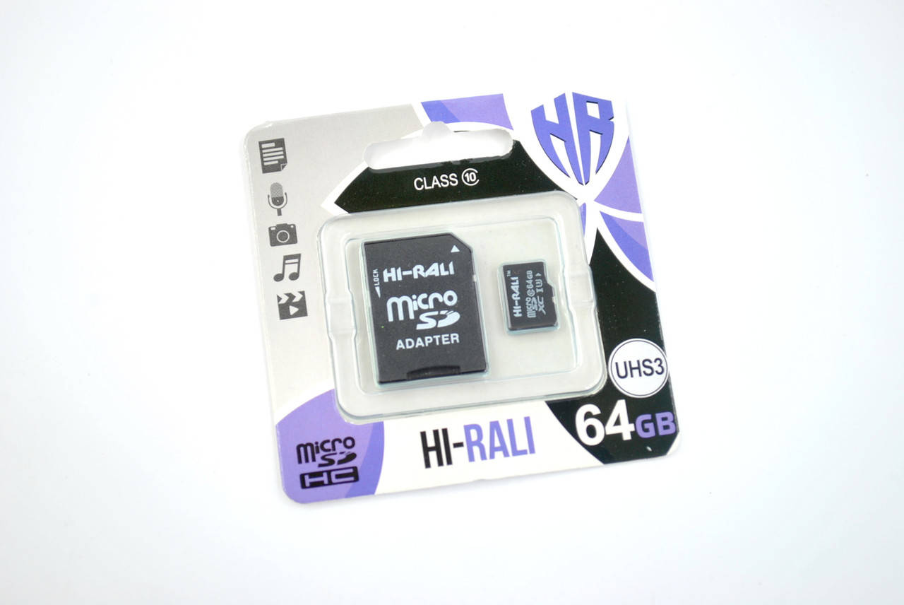 

Карта памяти Micro SD 64Gb Hi-Rali Class 10 с ад. (UHS-3)