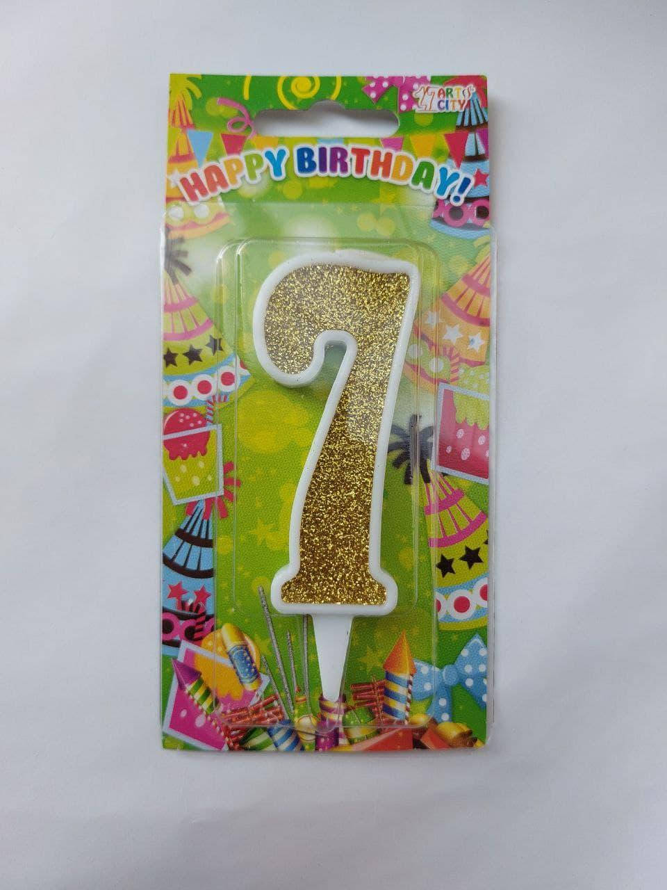 

Свічка цифра в торт "7" Happy Birthday, в білій окантовці, 7см.