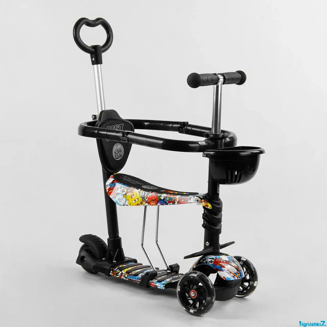 

Самокат 5в1 Best Scooter с защитным бампером, колеса PU 120 мм с подсветкой, родительская ручка, сиденье, Черный