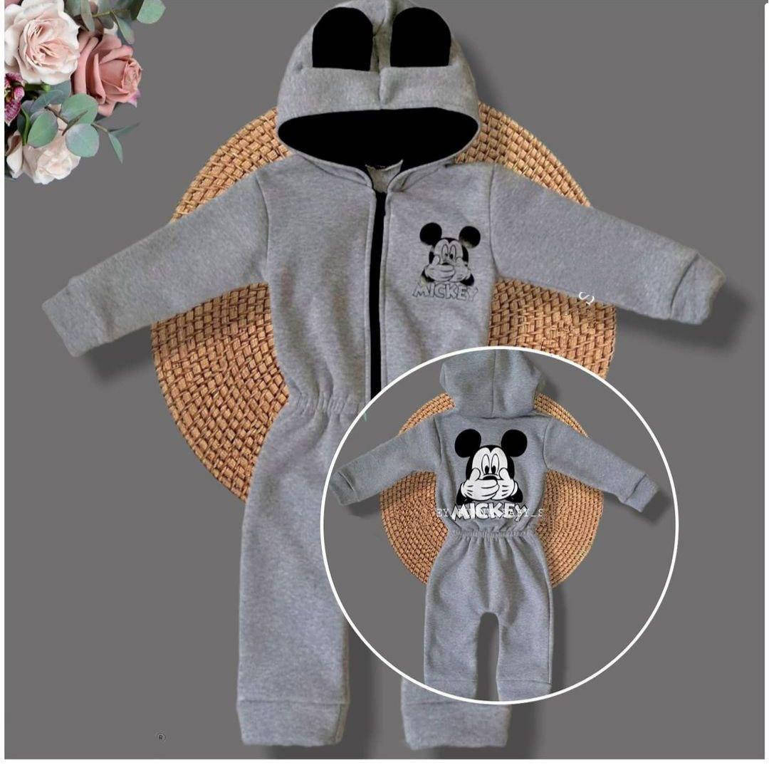 

Комбинезон ромпер человечек для Малышей Тринитка на Флисе 80-86 с ушками очень теплый, Серый