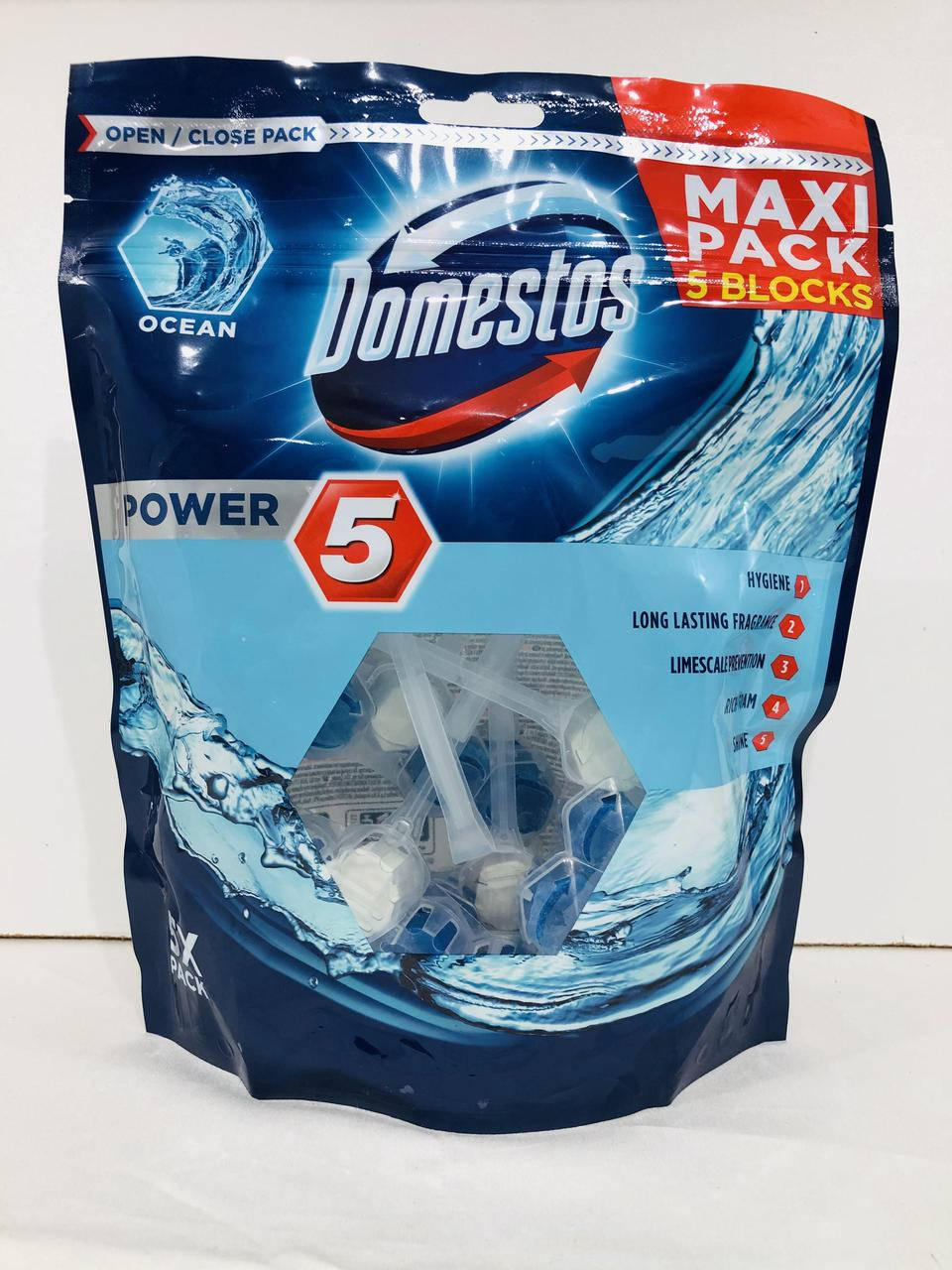 

Очищуючий блок для туалету Domestos Power 5 Свіжість океану, 5*55 г