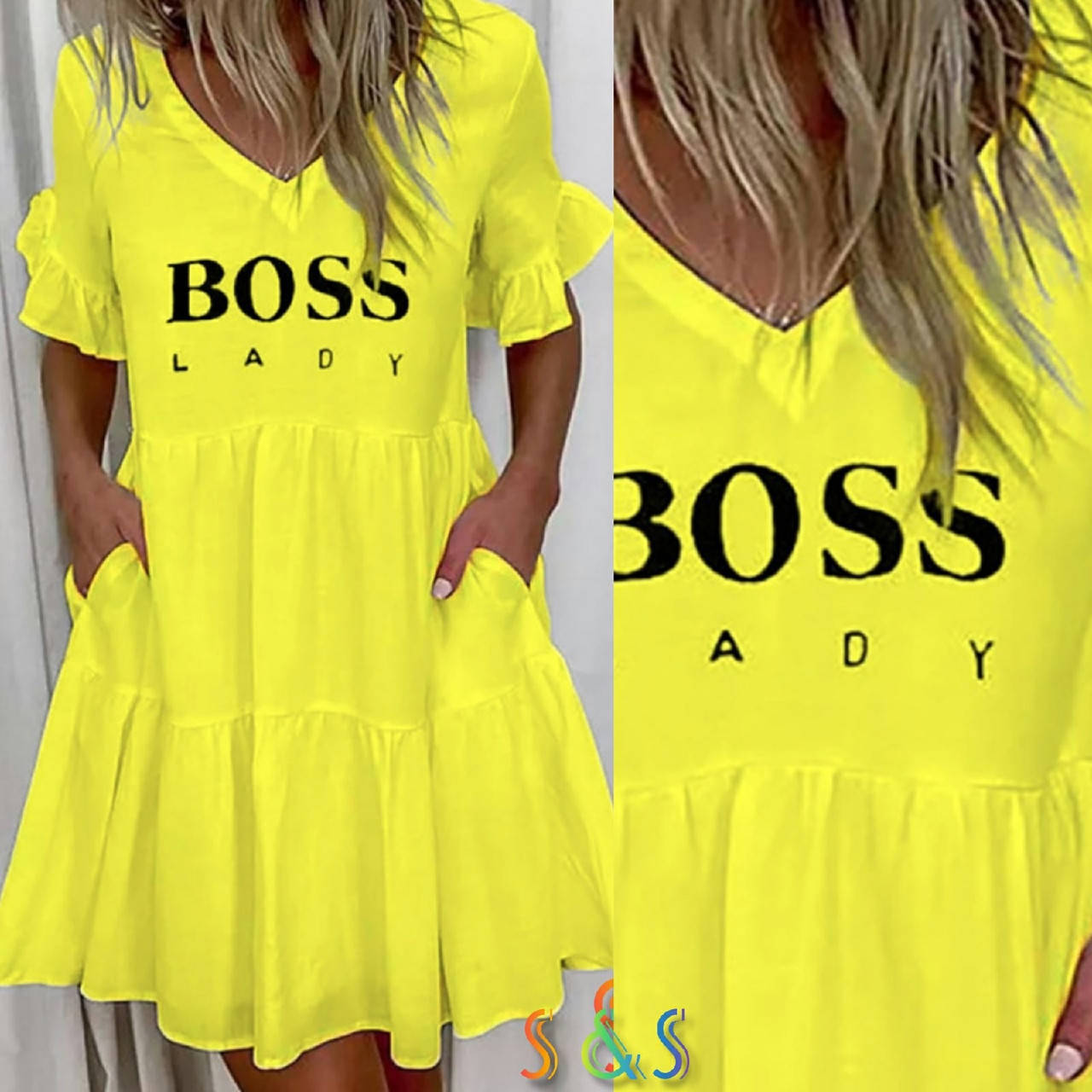 

Платье легкое летнее женское желтое легкое с накатом Boss lady