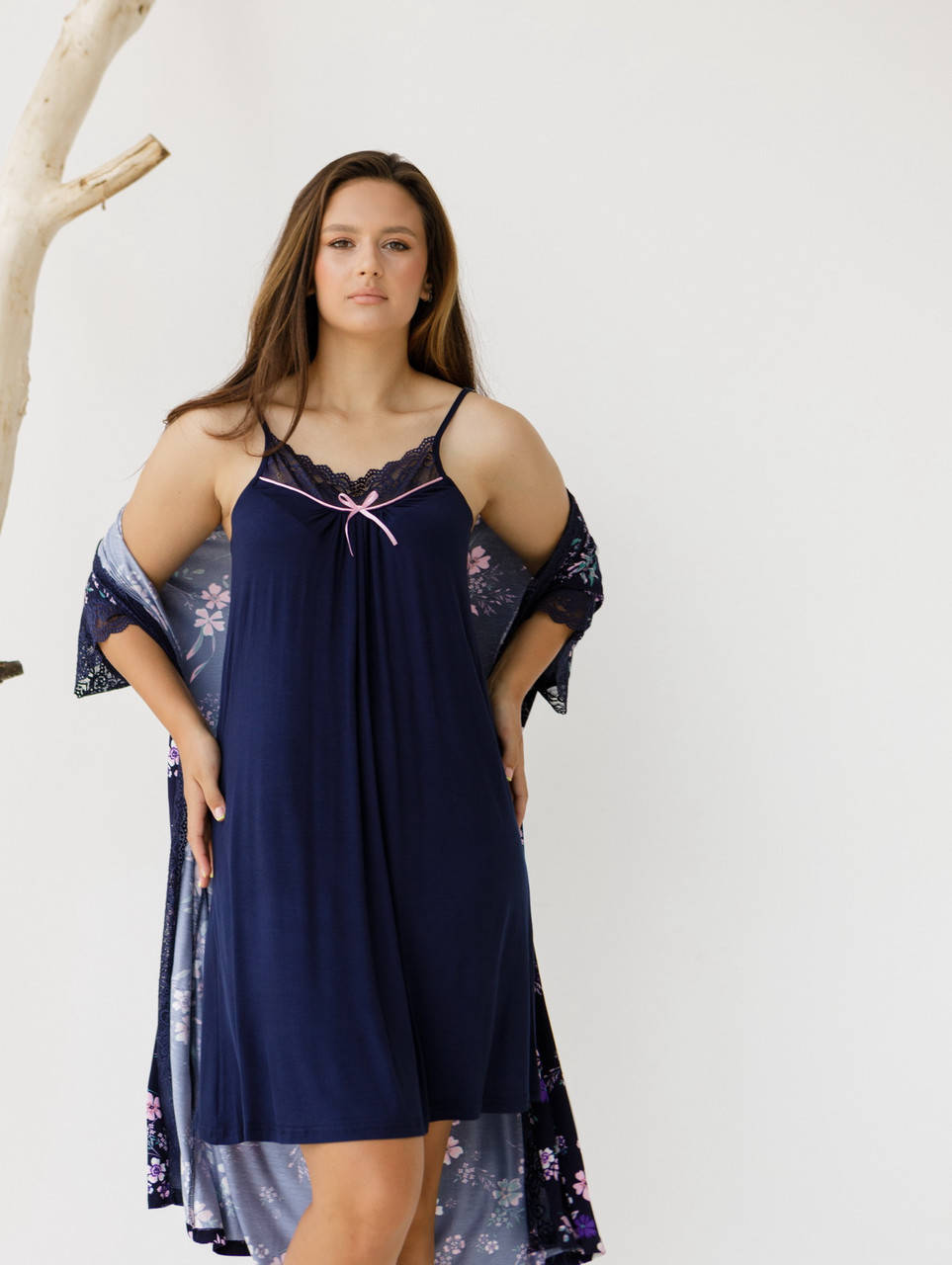 

Комплект с халатом и ночной сорочкой большие размеры 2XL, Темно-синий