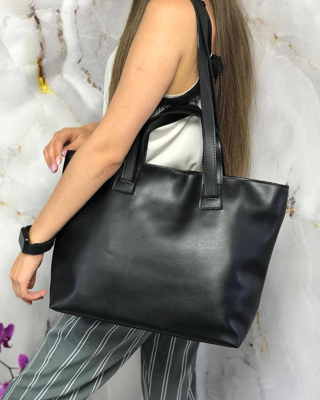 

Женская сумка брендовая большая вместительная шоппер городская стильная черная экокожа, Черный