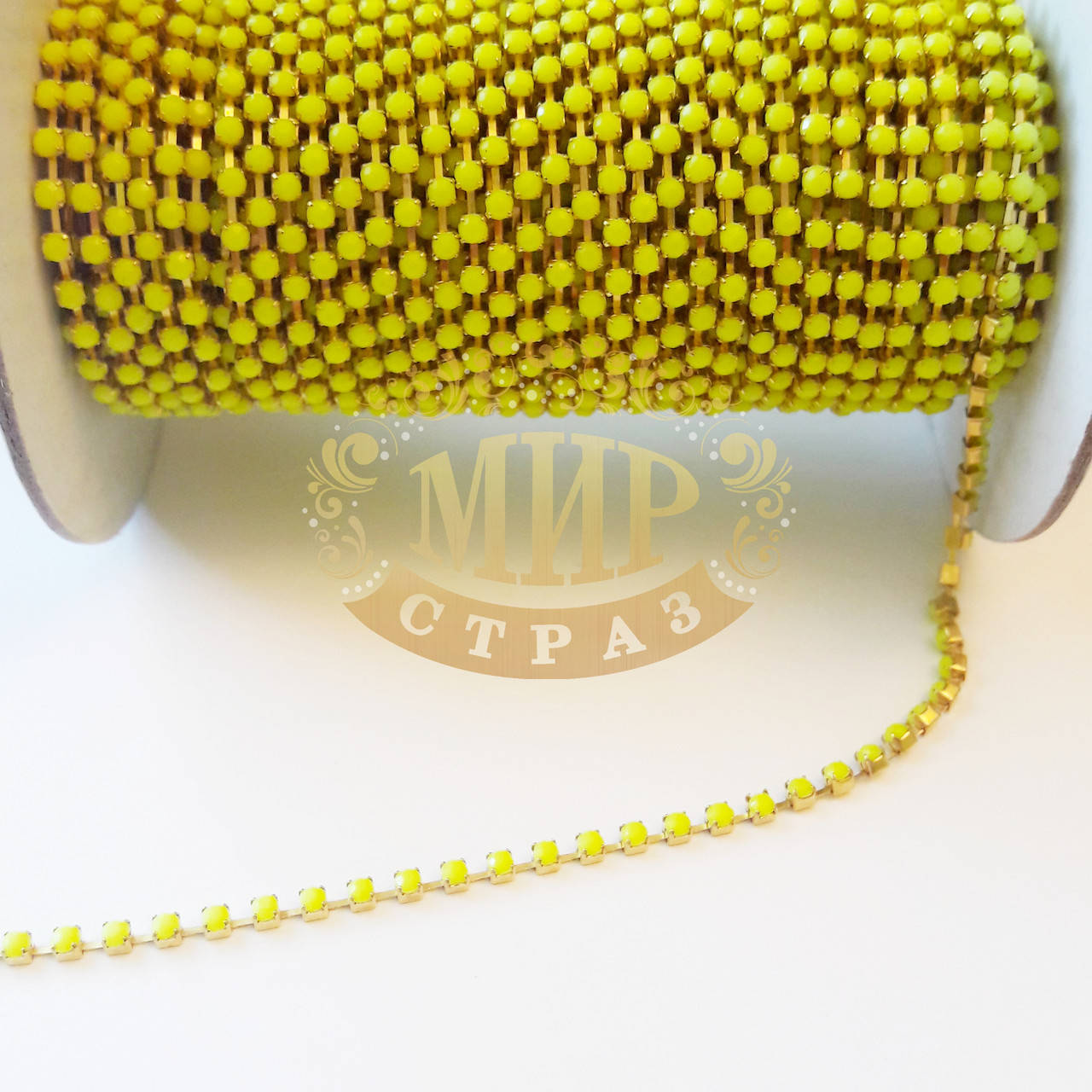 

Стразовая цепочка, цвет Lime Neon, ss6 (2mm), металл золото, 1м