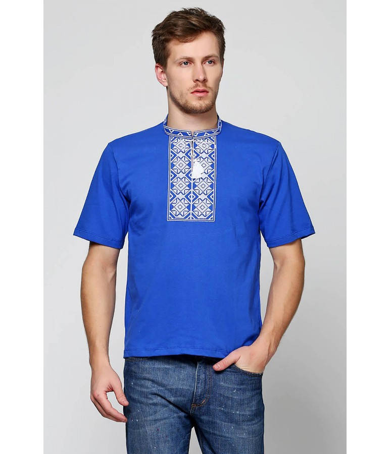 

/ Размер S,M,L,XL,2XL / Мужская вышитая футболка хрестиком Ромби М-614-3 / цвет синий с серым орнаментом