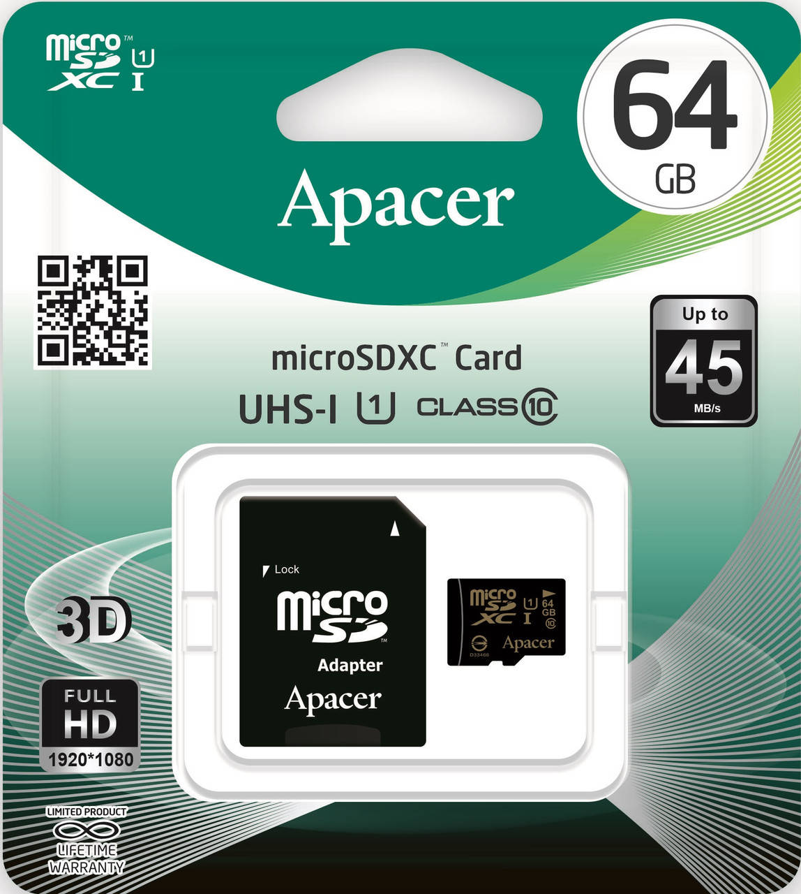 

Карта памяти Apacer 64 Gb Class 10 + SD адаптер