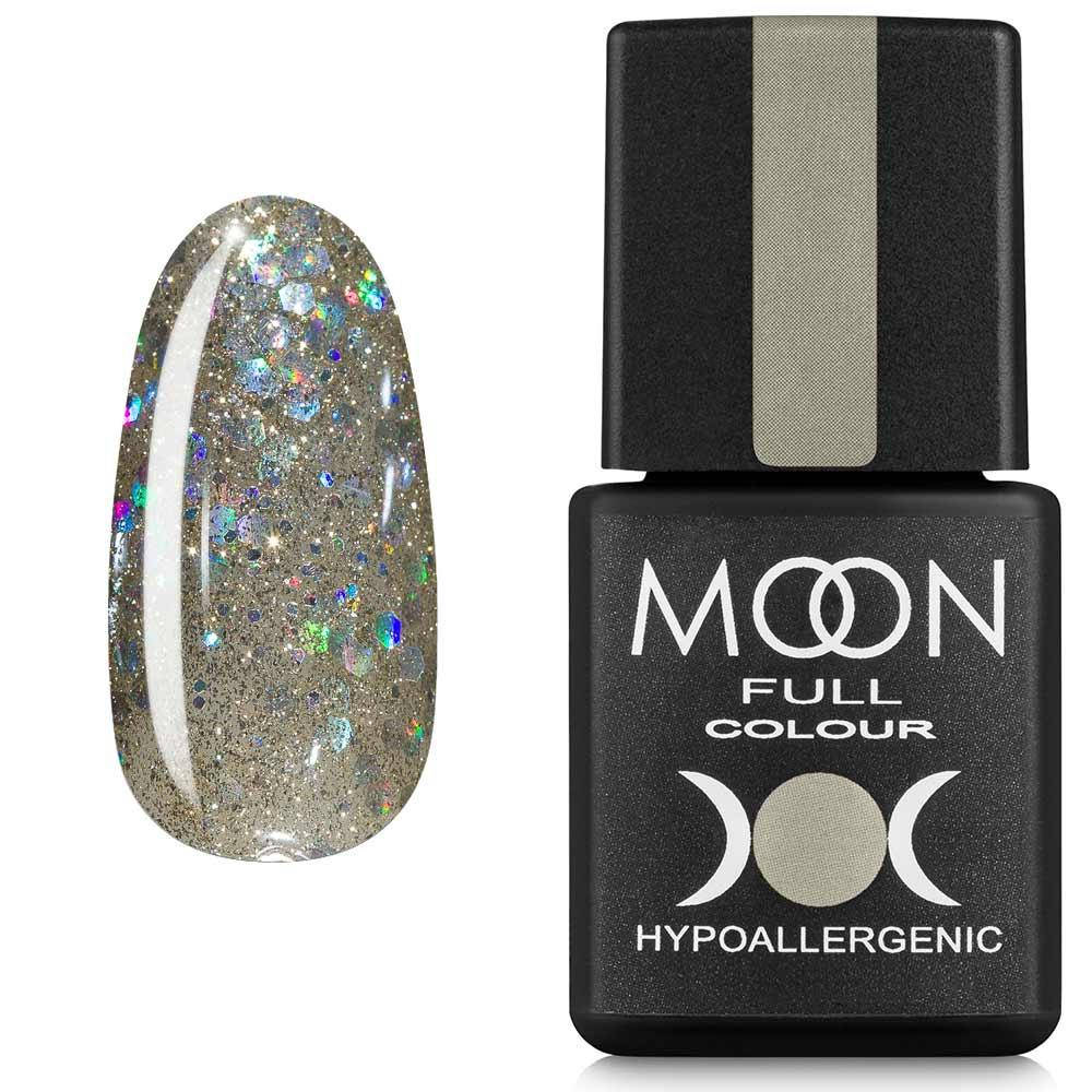 

Гель-лак MOON FULL color Gel polish № 328 серебристо-золотой с разноцветным глиттером