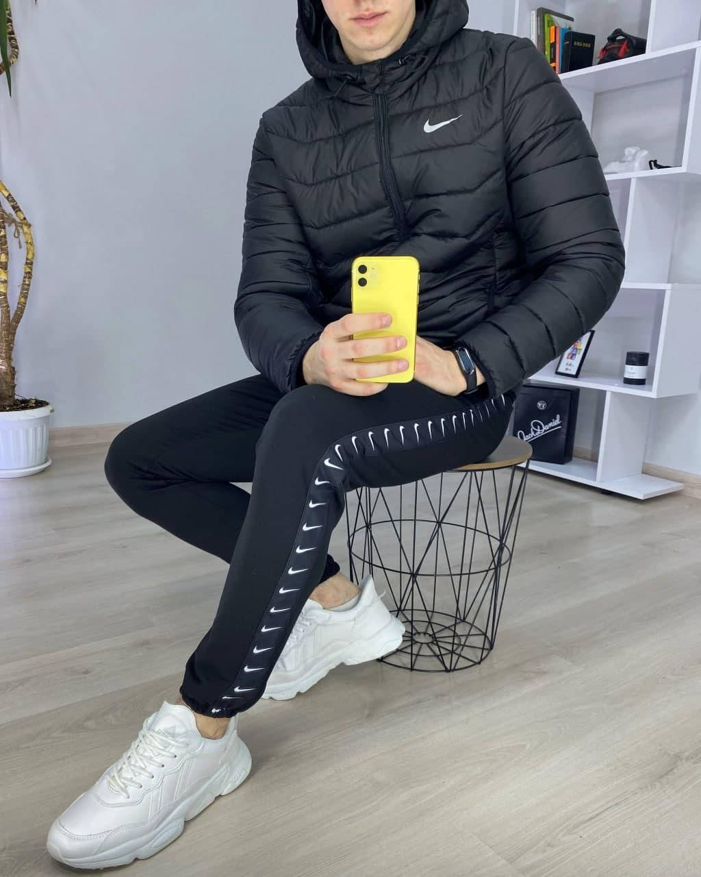 

Nike Мужской черный спортивный комплект с капюшоном на змейке осень весна.Куртка+штаны демисезонный