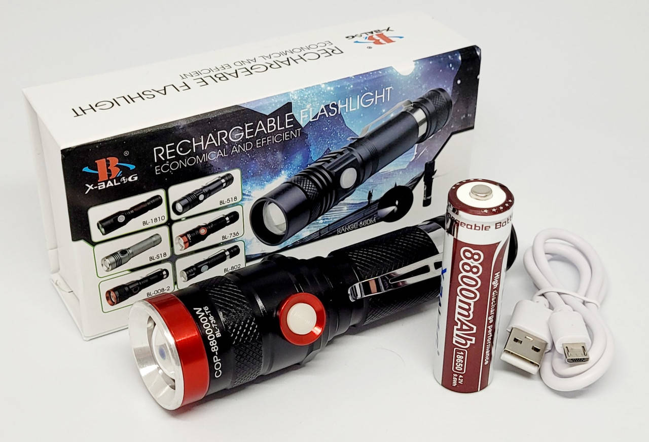 

Светодиодный тактический ручной фонарик, мощный аккумуляторный USB фонарь, карманный сверхъяркий BL-736, Черный