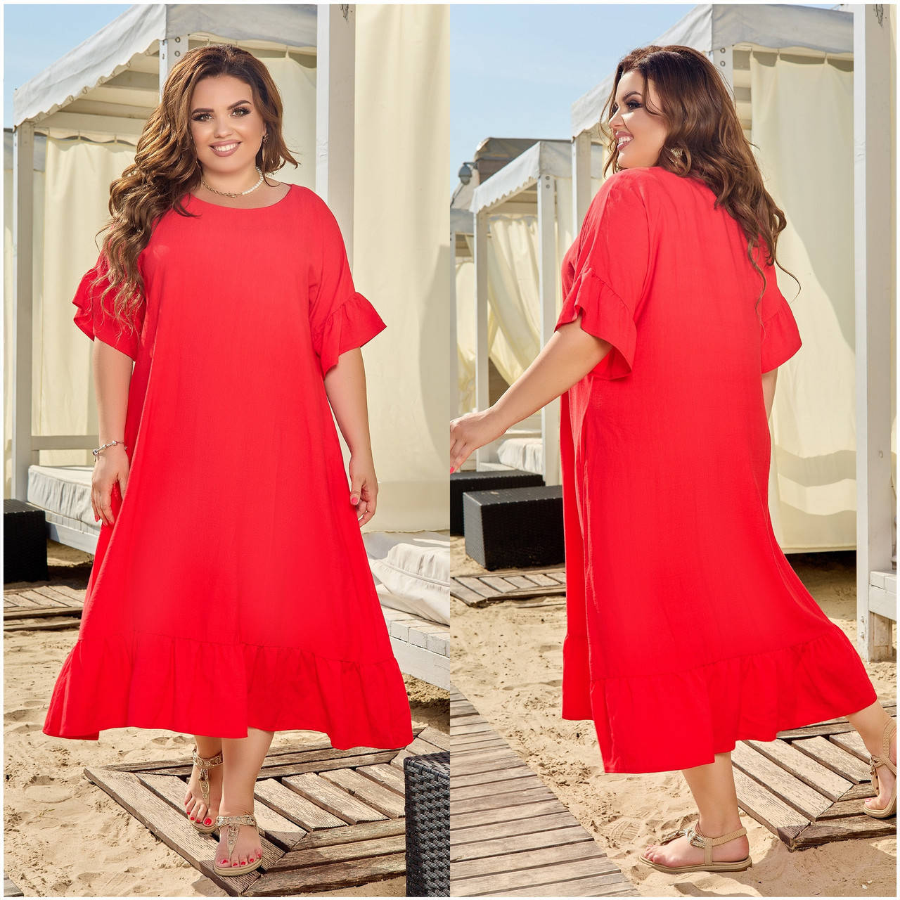 

Легкое просторное платье, широкий крой "разлетайка" с воланами по подолу и рукавах, батал большие размеры