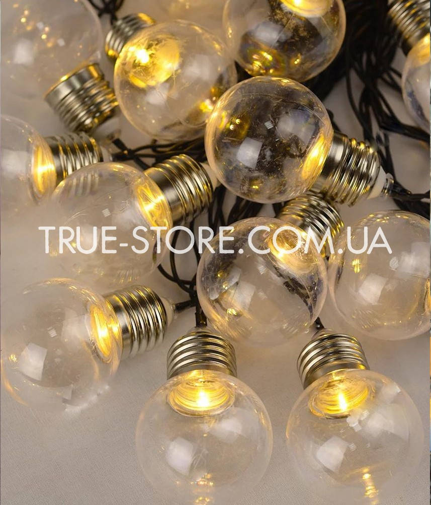 

Гирлянда лампочки 12LED, 5м+переходник, Теплый белый цвет, 40мм лампочка