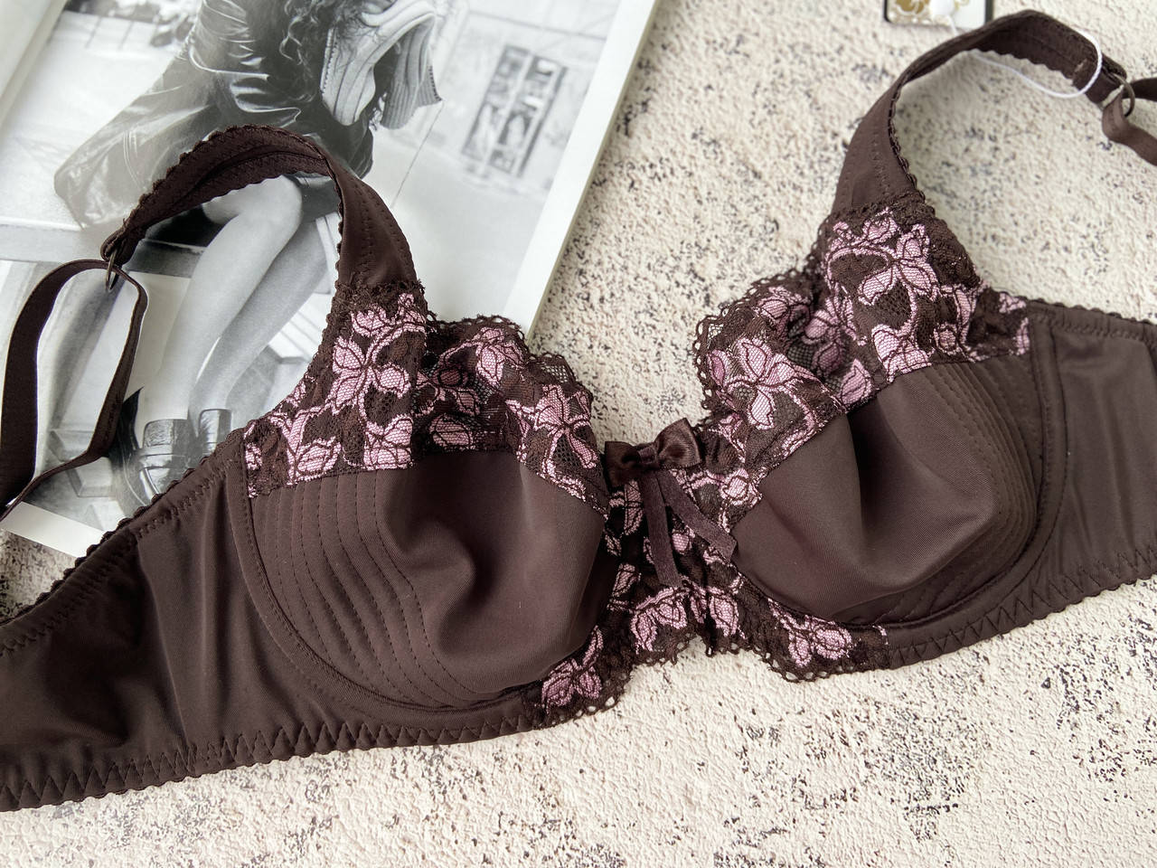 

Шоколадный бюстгальтер Lanny Mode на чашку D, кружевной красивый лифчик для большой груди 75D, Коричневый