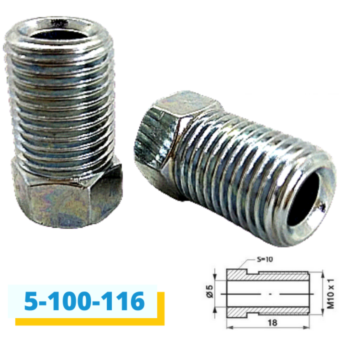 

Наконечник тормозной трубки М10х1 мм. D = 5 мм. L = 18 мм.