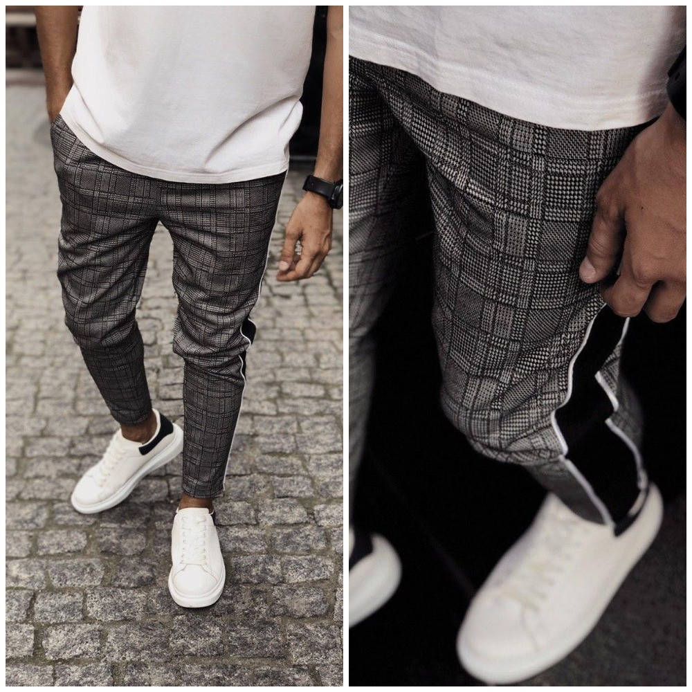 

Клетчатые штаны серые с лампасами мужские, Серый