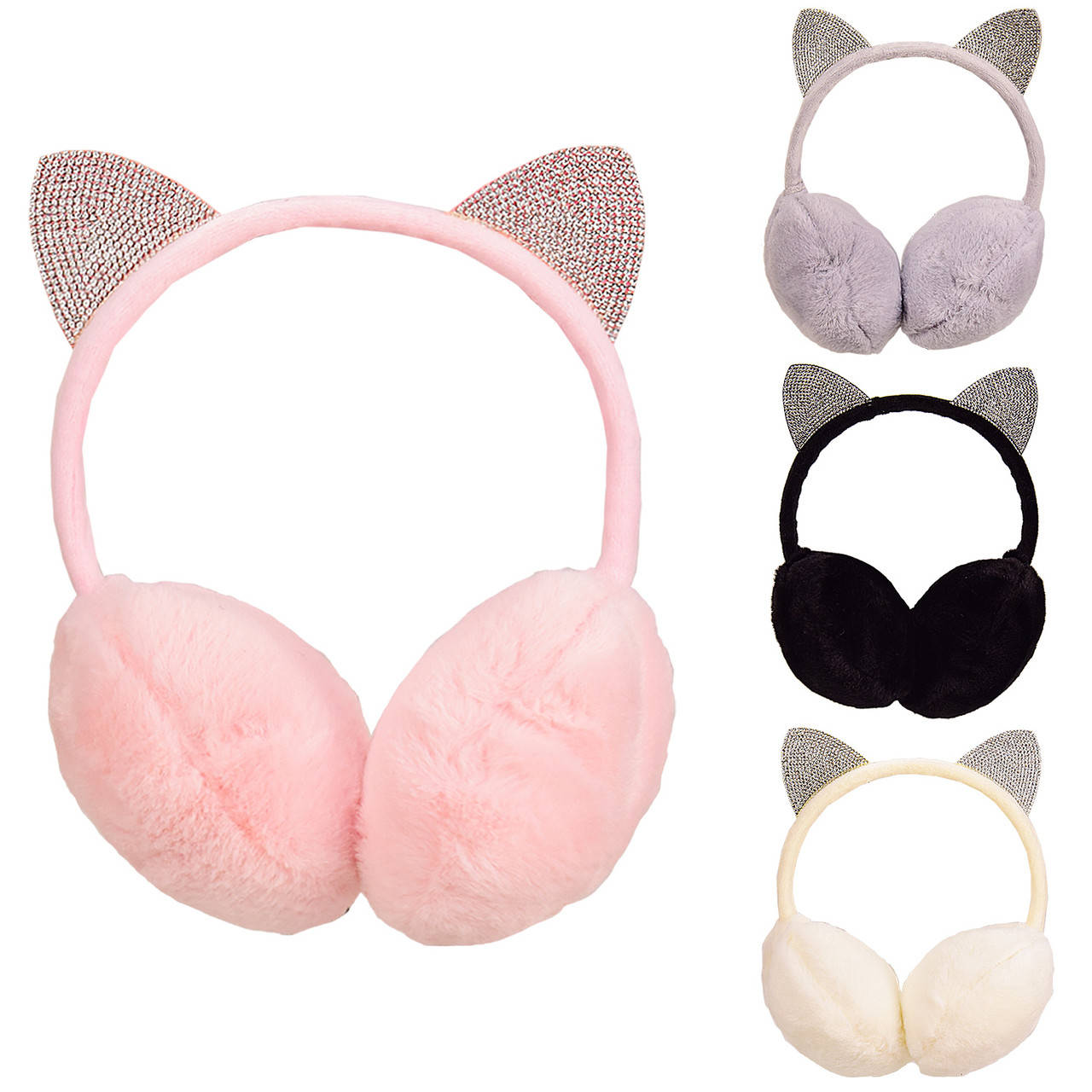 

Меховые наушники AC8404 (120шт) с ушками в стразах, микс цветов, в пакете