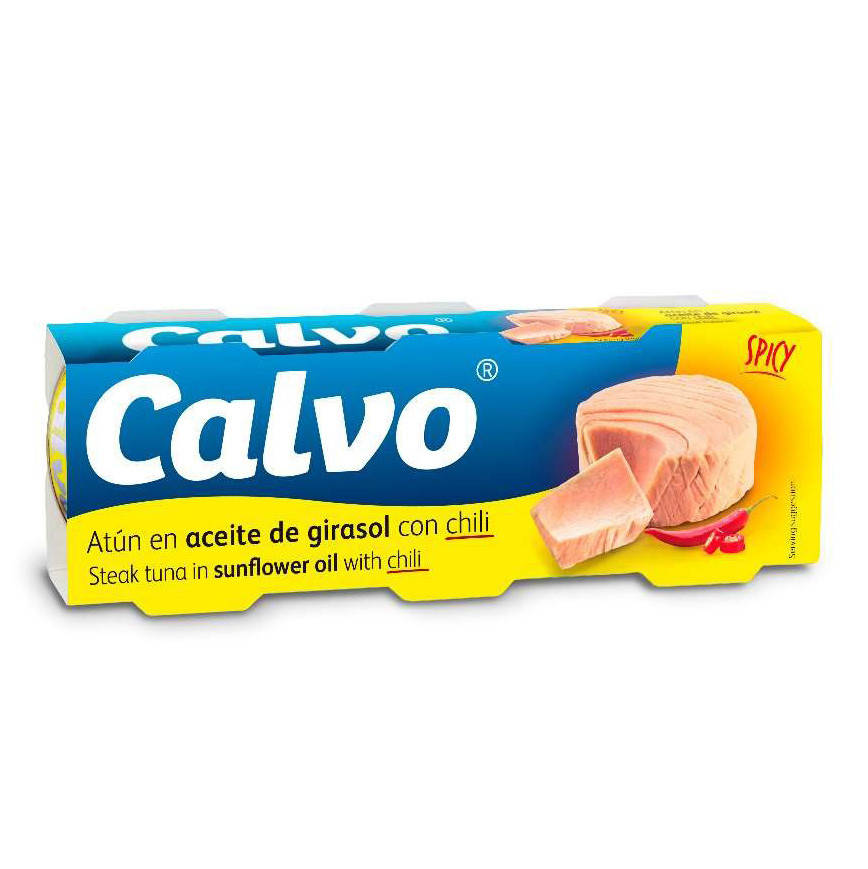

Тунец кусками Calvo в подсолнечном масле с перцем чили 80 г х 3 шт, 25 шт/ящ