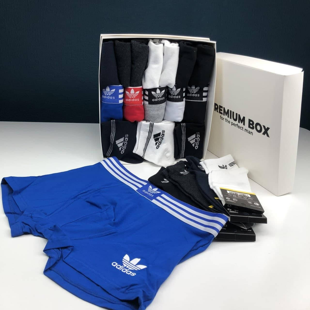 

Премиум набор мужские трусы Adidas 5 шт и 18 пар носков Адидас в PREMIUN BOX хлопок XL, Разные цвета