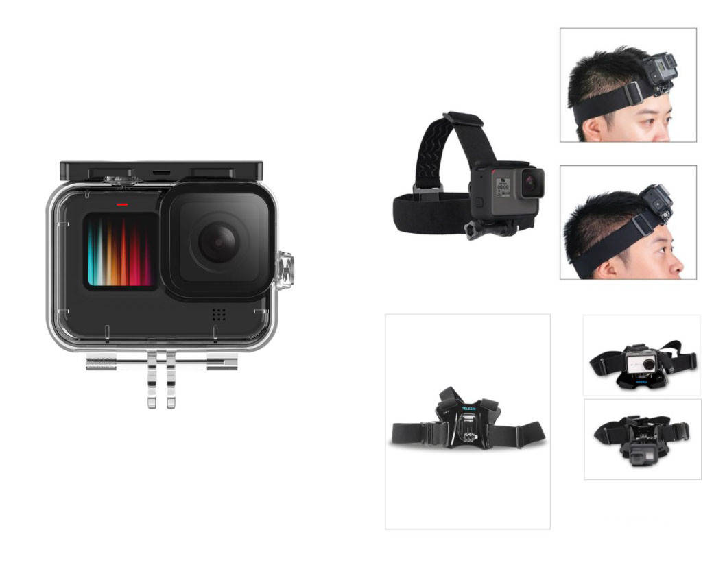 

Комплект аксессуаров для Gopro 10/9 (защитный бокс для gopro,крепление на грудь, крепление на голову) Telesin, Черный