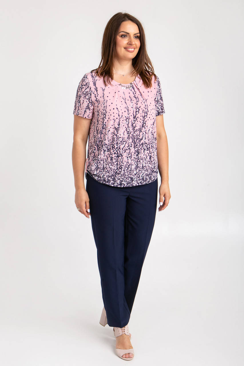 

Женская блузка "Сакура" с цветочками короткий рукав летняя большого размера, Розовый