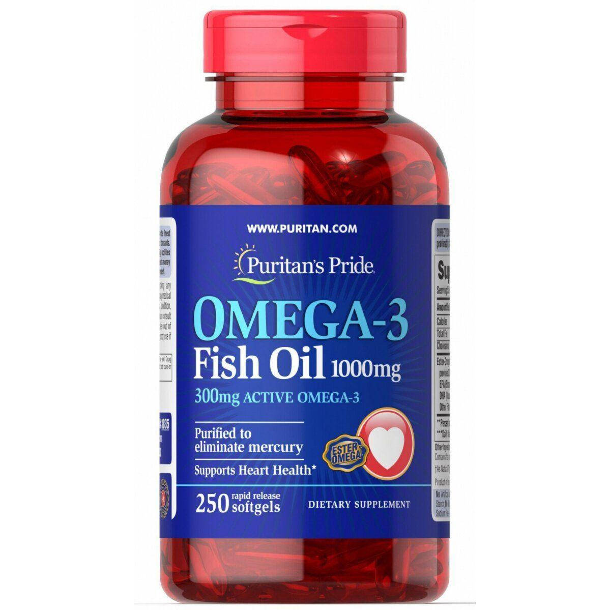 

Омега-3, Omega-3 Fish Oil, Puritan's Pride, 1000 мг, 300 мг активного, 250 капсул