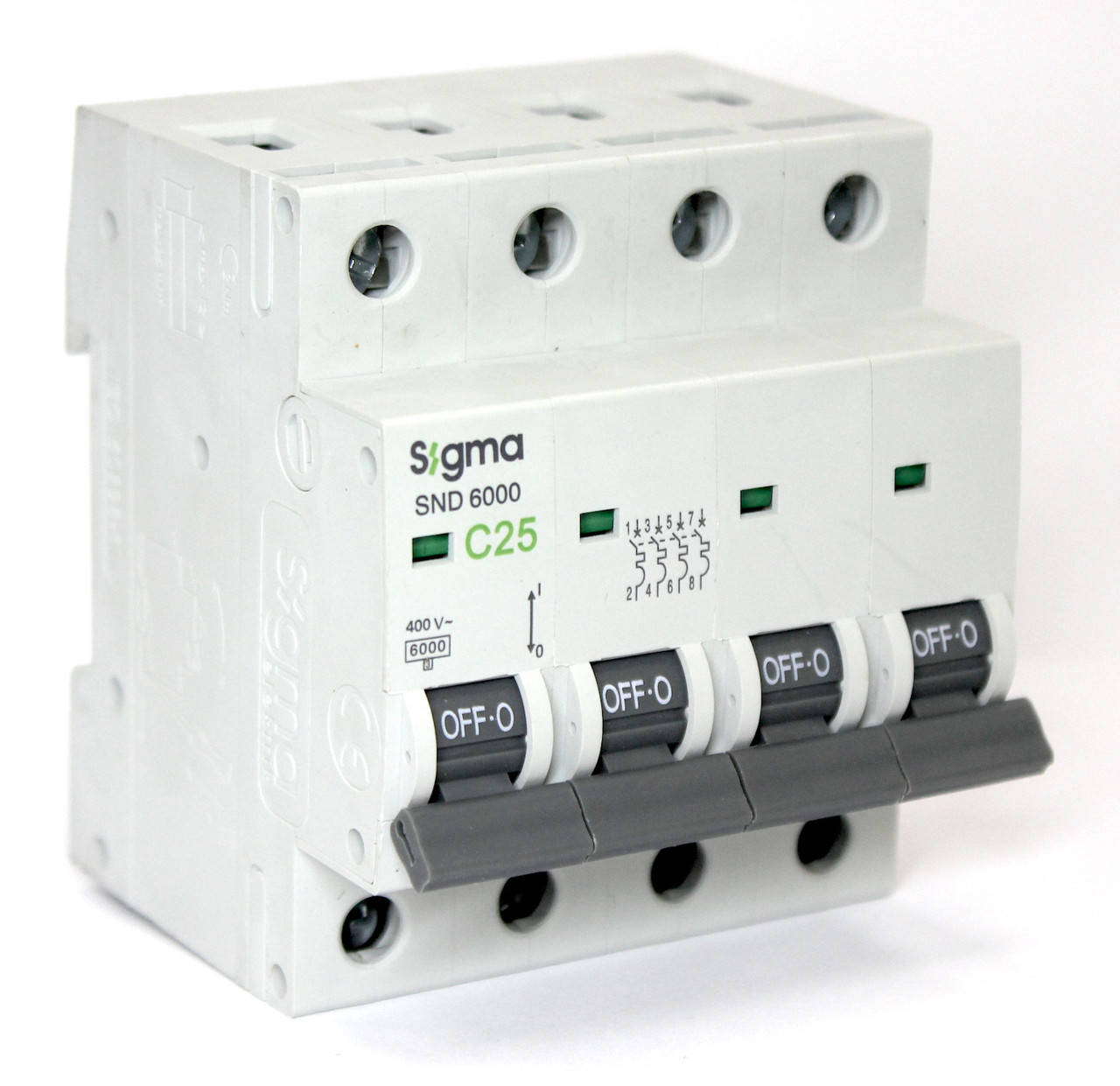 

Автоматический выключатель 4-х полюсный трехфазный MCB 6кА, монтаж на DIN 25 A, С