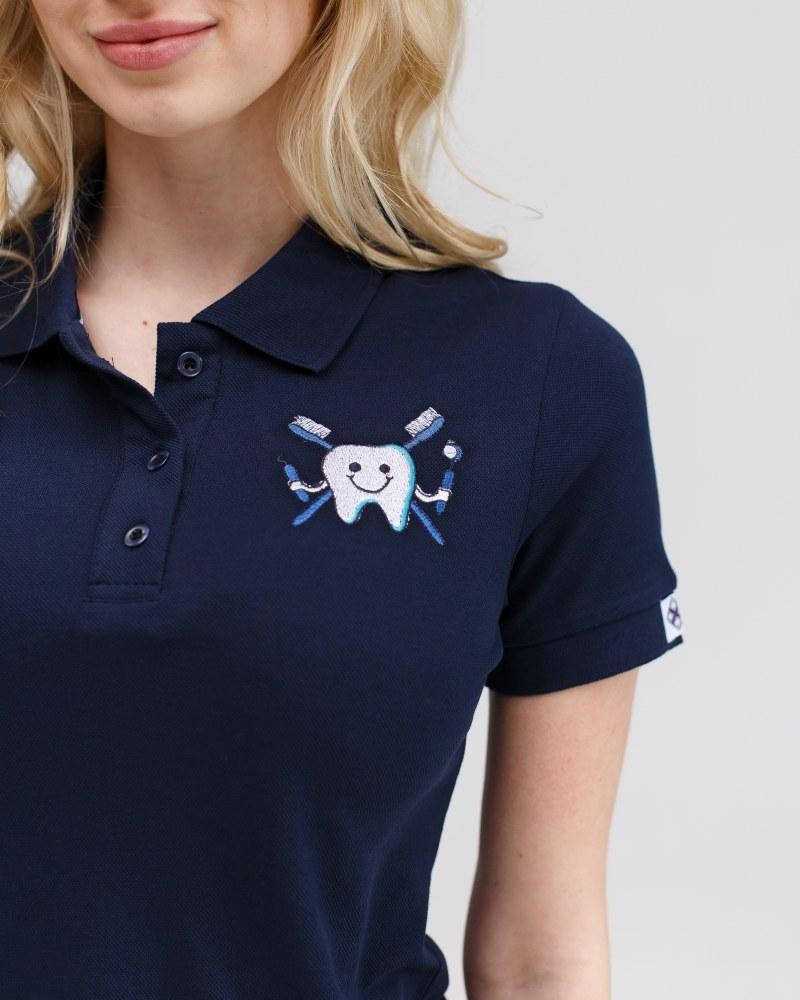 

Женское медицинское поло синее с вышивкой "Зубик", Синий