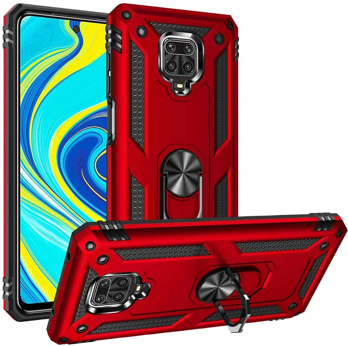 

Противоударный матовый чехол для Xiaomi Redmi Note 9 Pro красный бампер с кольцом подставкой