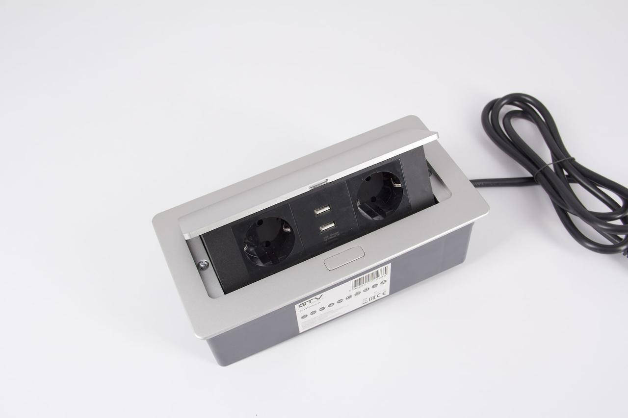 

Встраиваемая розетка GTV горизонтальная на 2 вилки, 2USB, Soft алюминий AE-PBSUC2GS-53