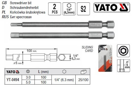 

Насадка отвертки бита YATO Польша HEX TAMPER 1/4" 3х100 мм 5х100 мм 2 штуки YT-0494