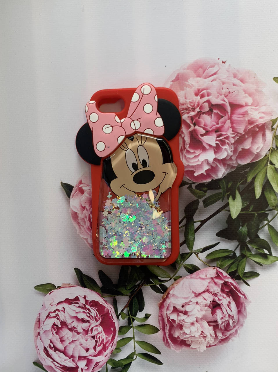 

Чехол силиконовый 3D с переливающимися блёстками для iPhone 7 7s 8 8s Микки красный