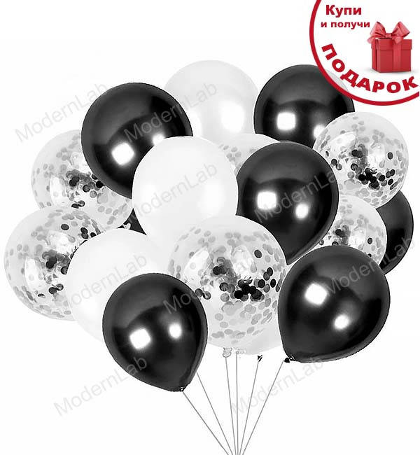

Воздушные шары "White&Black" набор - 17 шт., Италия, Белый;черный;прозрачный + конфетти