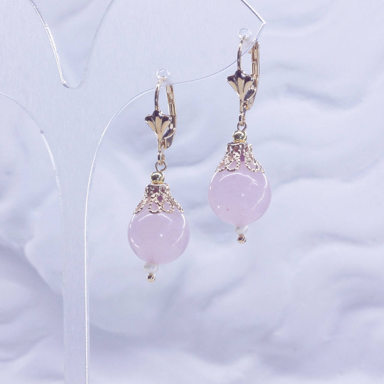 

Серьги Розовый Кварц + жемчуг серия Афродита натуральный природный камень