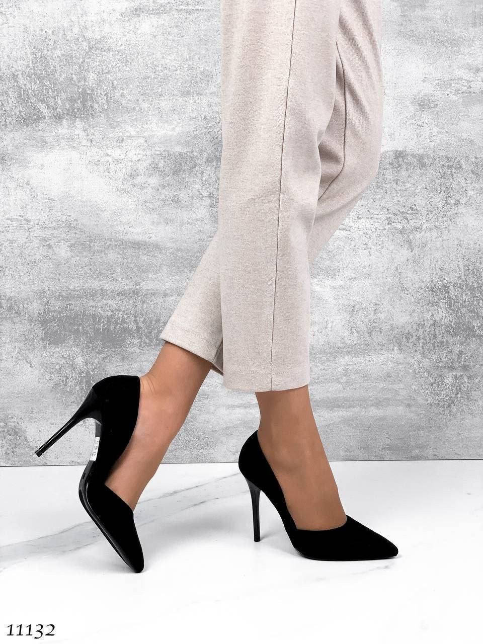 

Туфли лодочки женские замшевые на каблуке чёрные 36 37 38 39 40, Черный