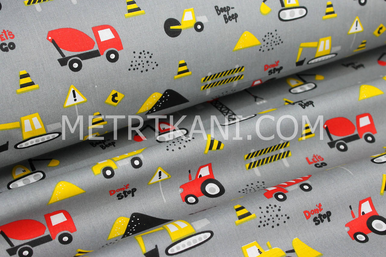 

Ткань хлопковая "Строительная техника" на сером фоне №1888, Разные цвета