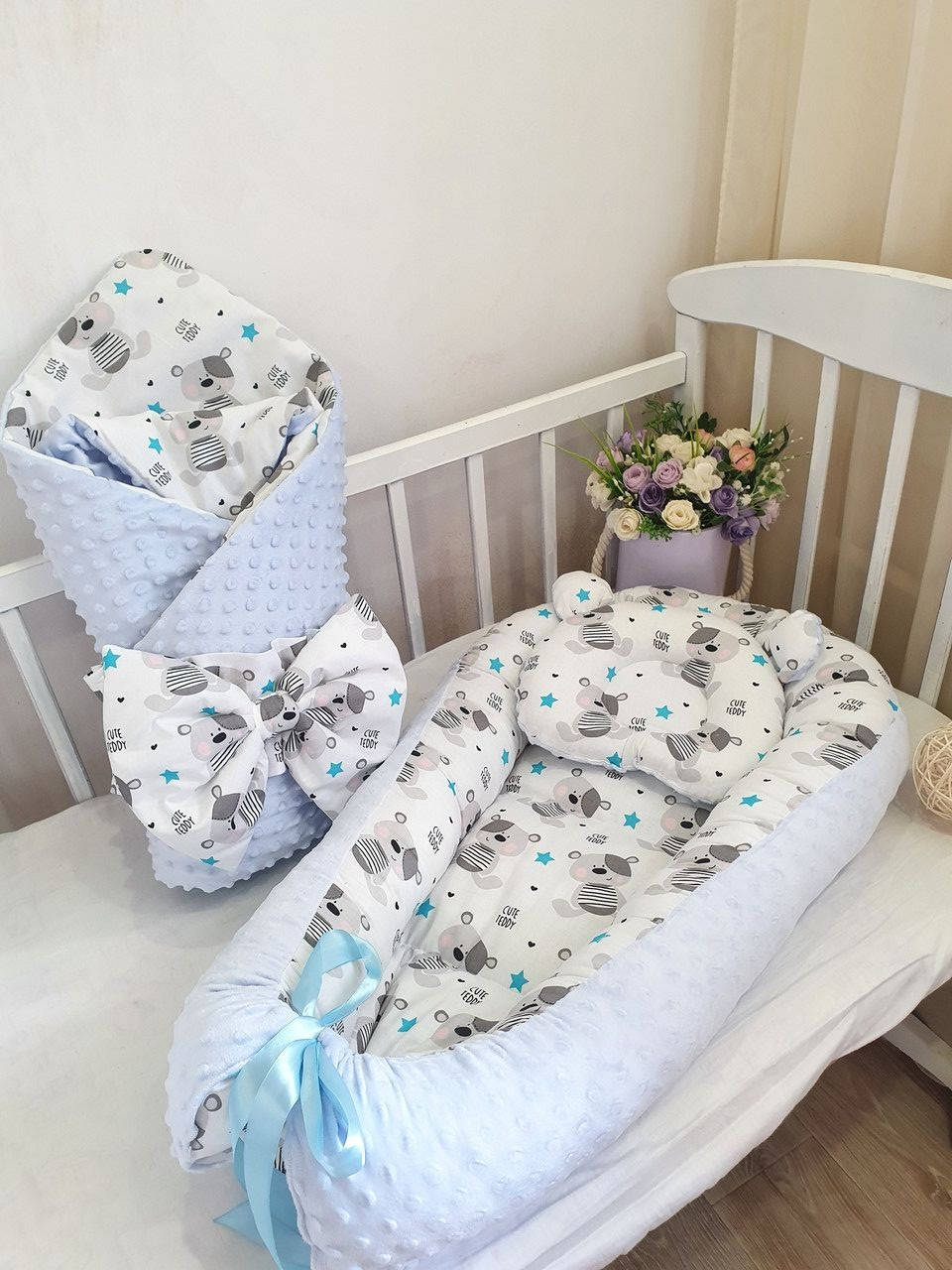 

Кокон со звездочками "Тедди серый+ голубой" + ортопедическая подушка + конверт-плед