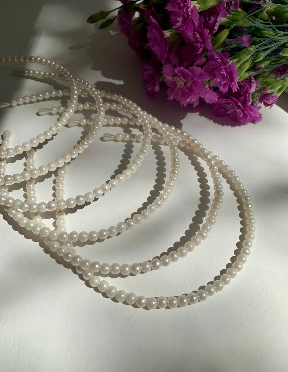 

Жемчужный обруч, обруч жемчуг тонкий ободок с бусинами жемчугом на волосы 0,5см, Белый