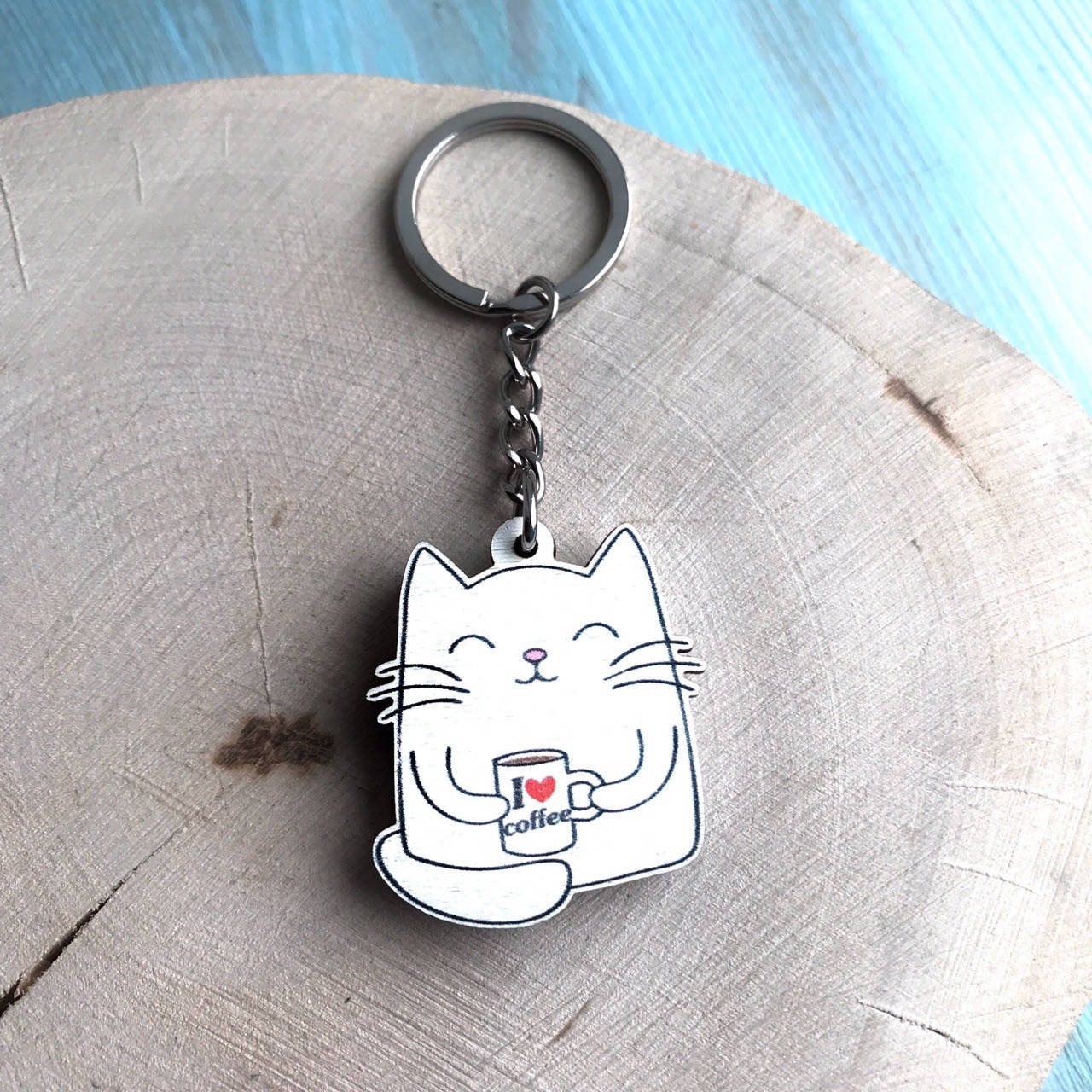 

Деревянный брелок "Котик с кофе", Белый