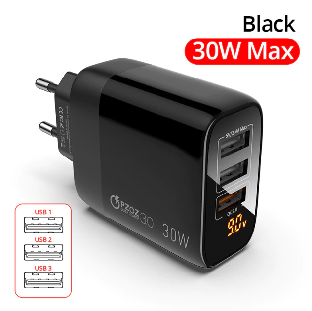 

Сетевое зарядное устройство PZOZ, 3хUSB, Quick Charge 3.0 30W, Output: 5V-3A/9v-2A/12v-1.5A / 30W, Черный