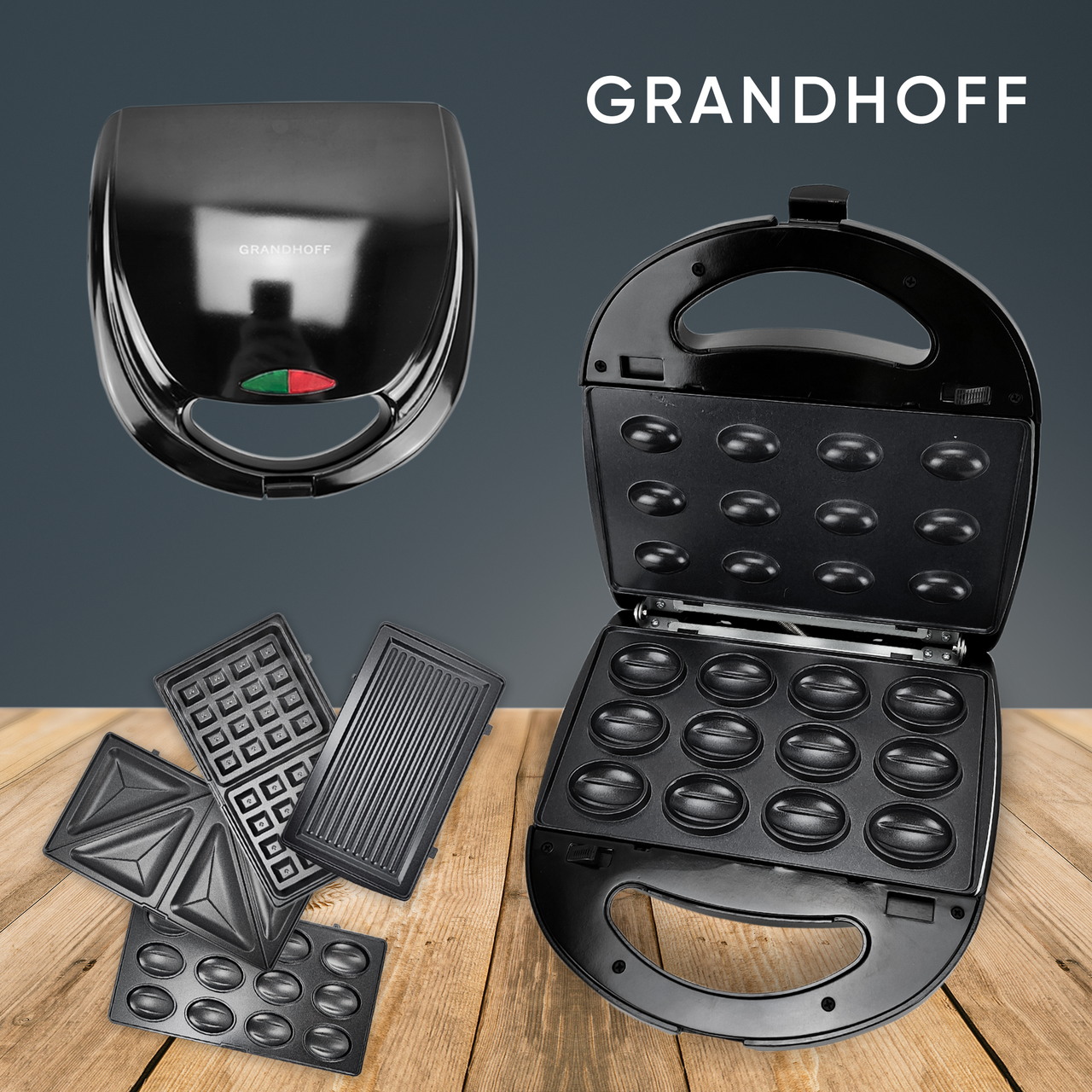 

Вафельница бутербродница Grandhoff GT780 мультимейкер сэндвичница гриль 4 в 1 мультигриль со сменными панелями